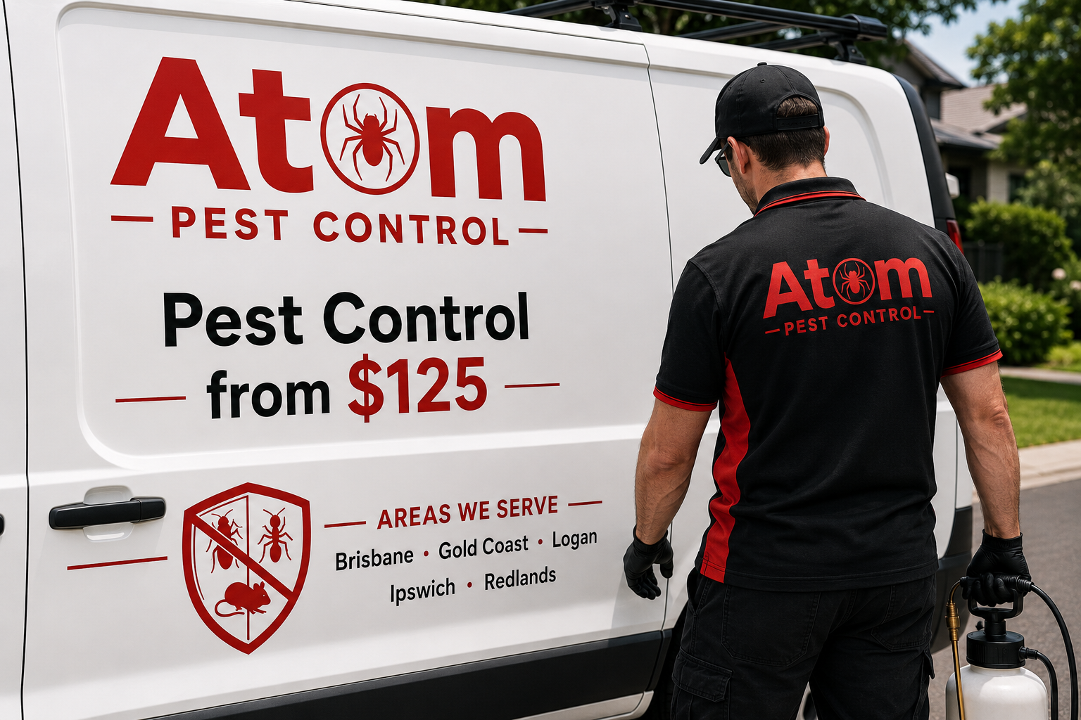 Atom Pest Control technician and service van — rat and mice control across Brisbane, Gold Coast, Logan, Ipswich and Redlands